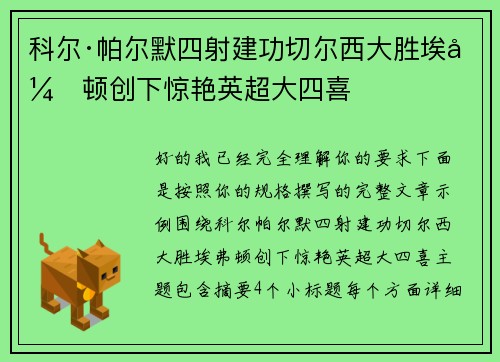 科尔·帕尔默四射建功切尔西大胜埃弗顿创下惊艳英超大四喜