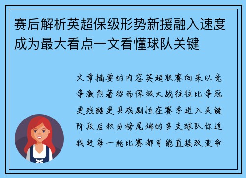 赛后解析英超保级形势新援融入速度成为最大看点一文看懂球队关键