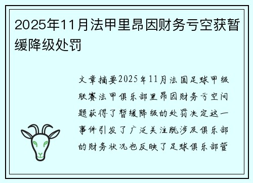 2025年11月法甲里昂因财务亏空获暂缓降级处罚